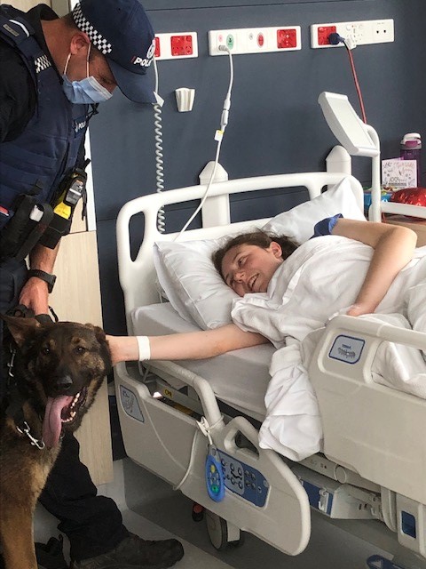 Teen in hospital bed is visited by police dog handler and Alsatian police dog. 