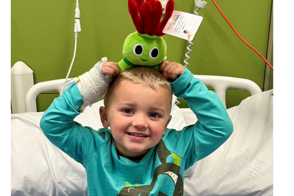 Child in a hospital bed holding a 'Tiaki' soft toy which is the mascot of the children's hospital and looks like a pohutukawa flower.