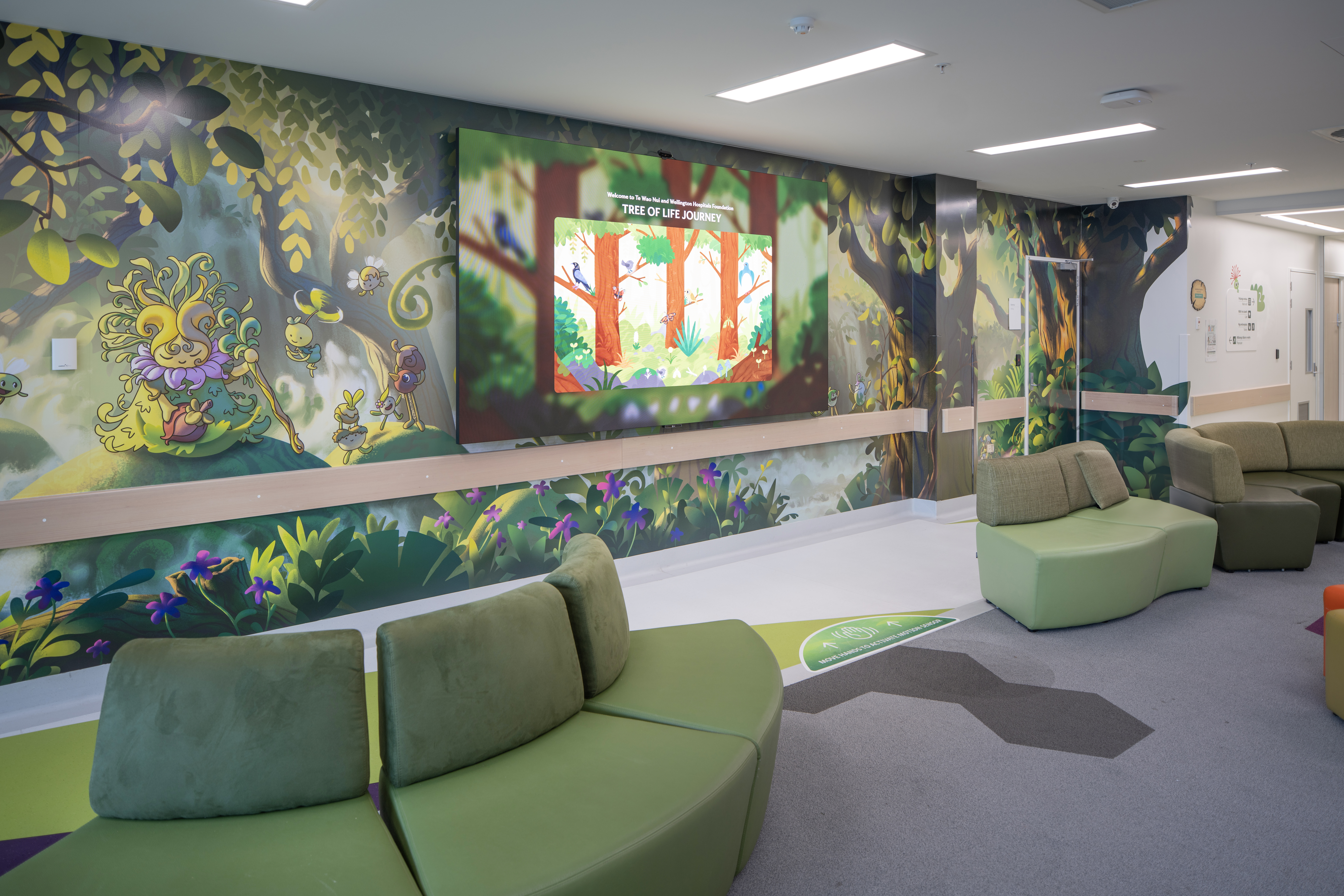 Interior of Te Wao Nui Children's Hospital, with Weta designs of the forest.