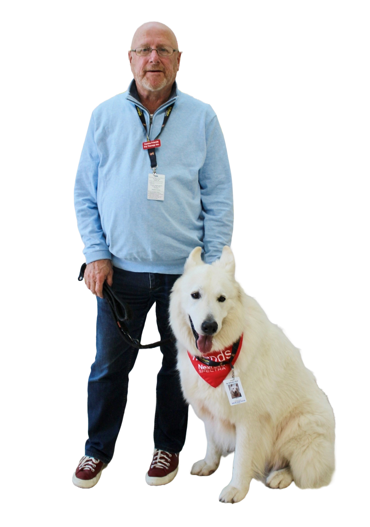 John with his white Alsatian looking dog, Arlo.