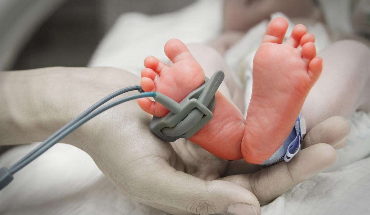 Baby in an incubator, with their little feet cradled by a woman.