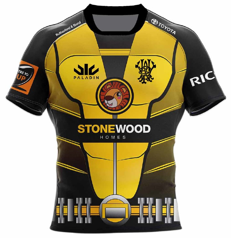 The Wellington Lions Charity Rugby shirt design, featuring Hospi. 