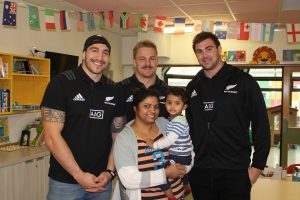 Wellington Children's Hospital patient Rayush with players Jeff Toomaga-Allen, Liam Squire and Sam Cane