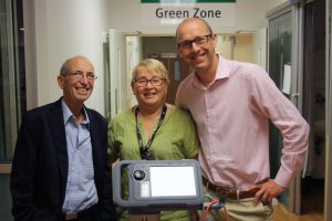 Maurice, with Trish Lee (Bequest Manager) visiting the Wellington Hospital ED department to view the Portable Ultrasound Machine he would later fund for the Oncology Unit.